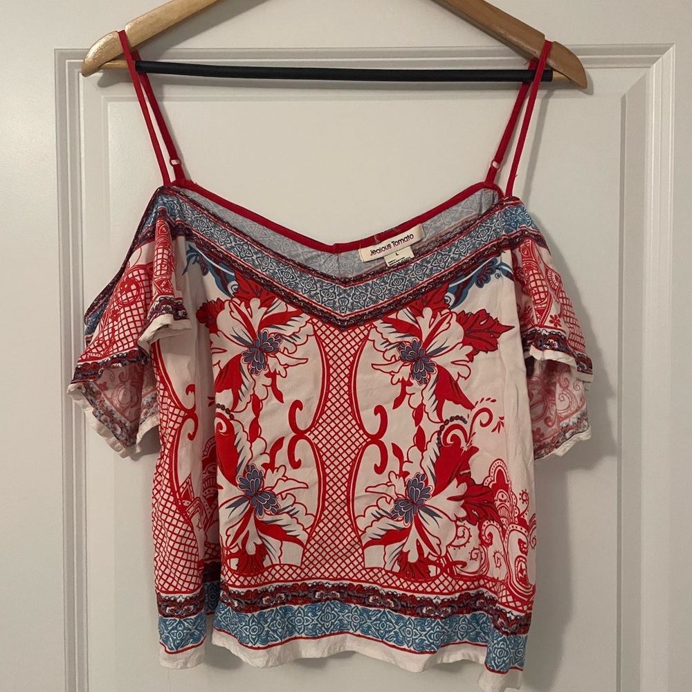 Jealous Tomato Women's Red and Blue Off-Shoulder Top flutter sleeve top